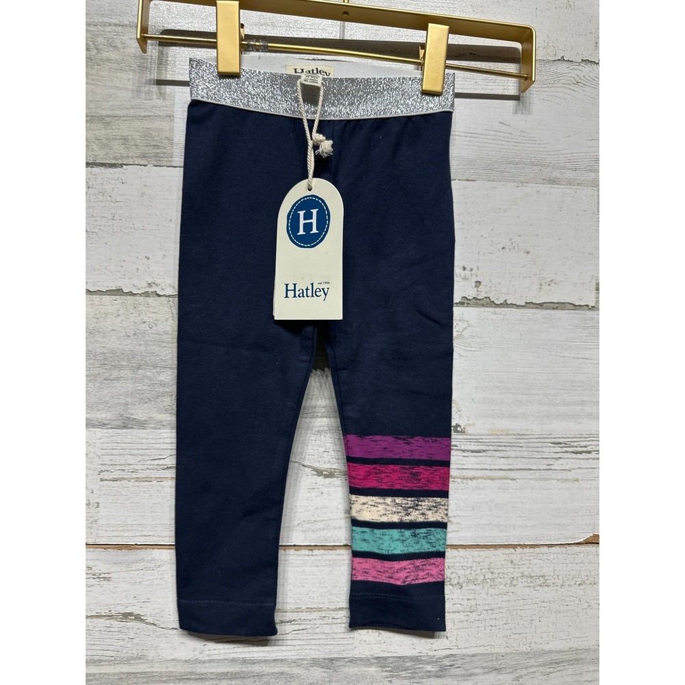 Hatley Leggings Girls Size 2 Navy Blue Glitter Waist Striped NWT